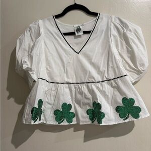 QUEEN OF SPARKLES White Blouse with Green Shamrocks